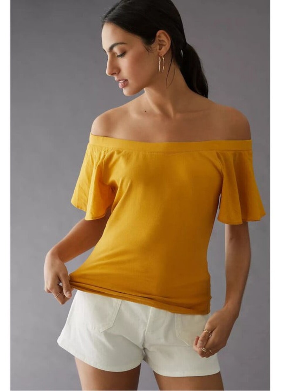 Maeve Anthropologie Mustard Yellow Off-The-Shoulder Flutter Blouse Top